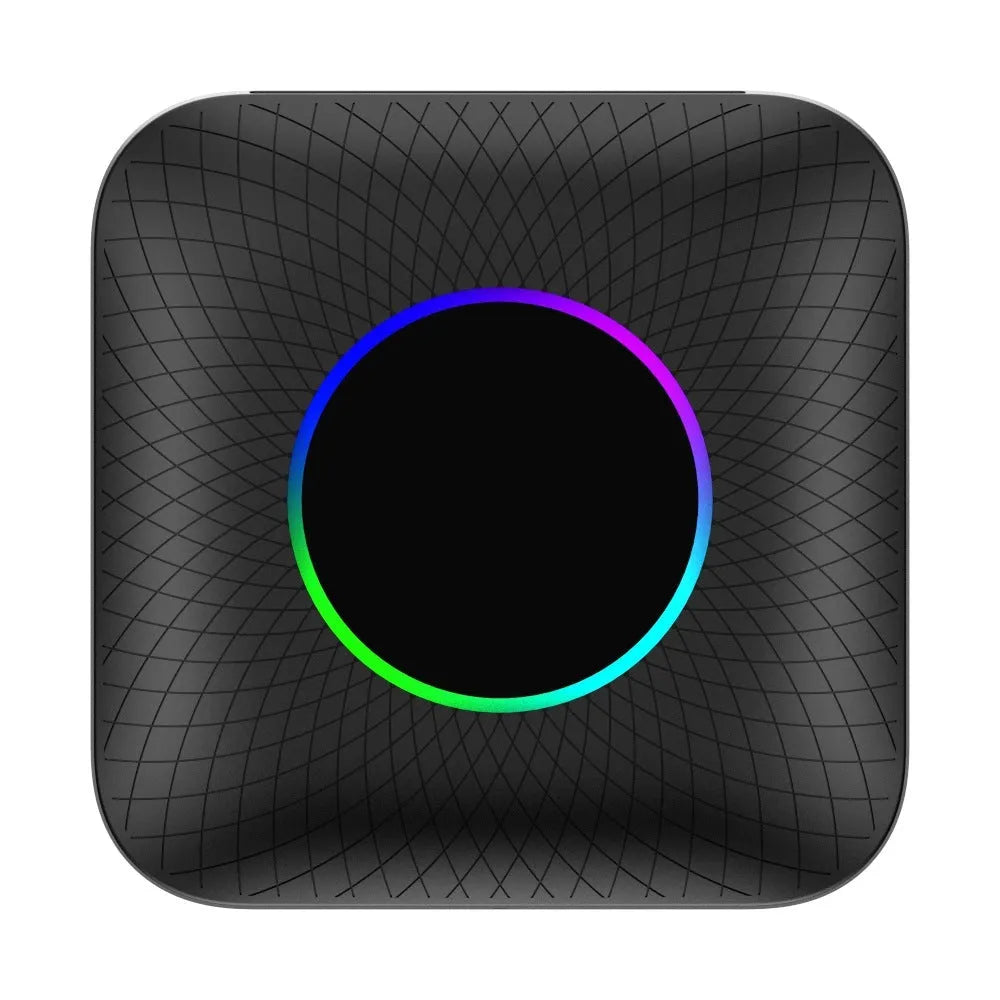 Tbox-Led Wireless Carplay Android 13 box with dimensions and headphone accessory