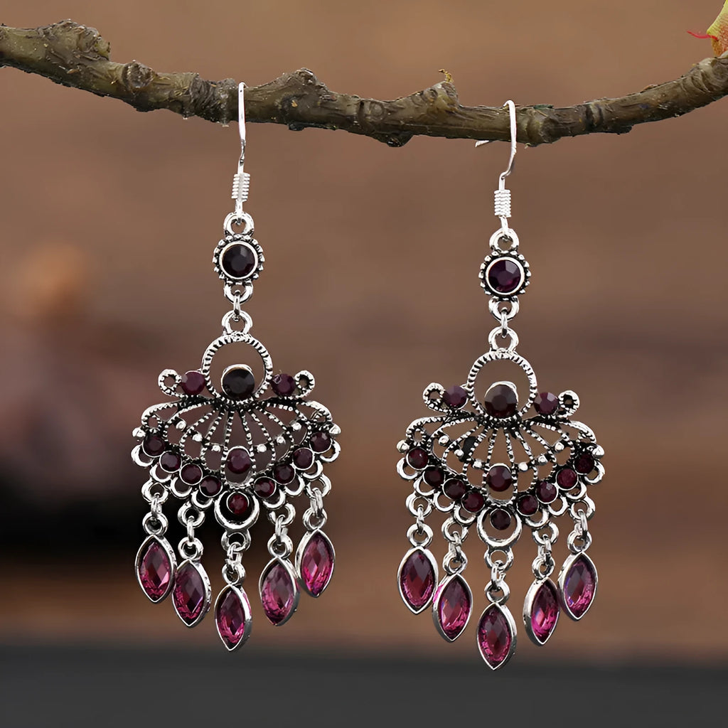 Purple retro fringe drop earrings with ethnic style design and long crystal detailing