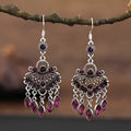 Purple retro fringe drop earrings with ethnic style design and long crystal detailing