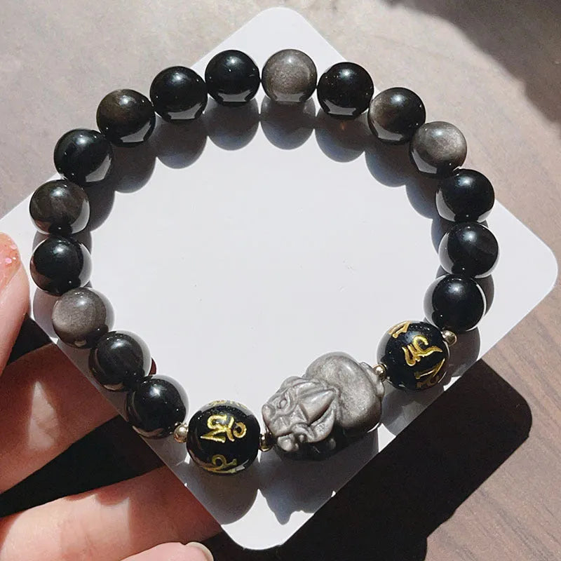 Natural silver stone men's bracelet with beaded zodiac and proverb design in Chinese style