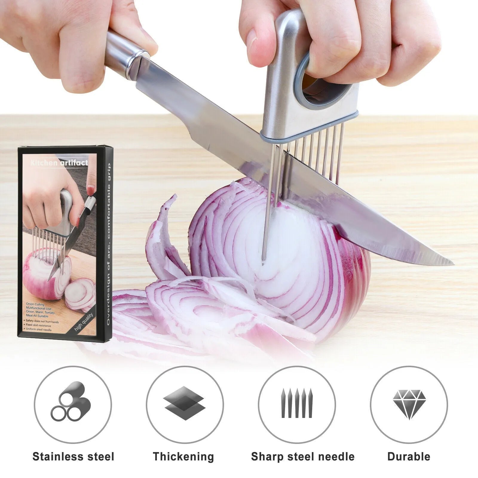 Stainless steel onion holder kitchen tool with prongs for slicing vegetables hands-free