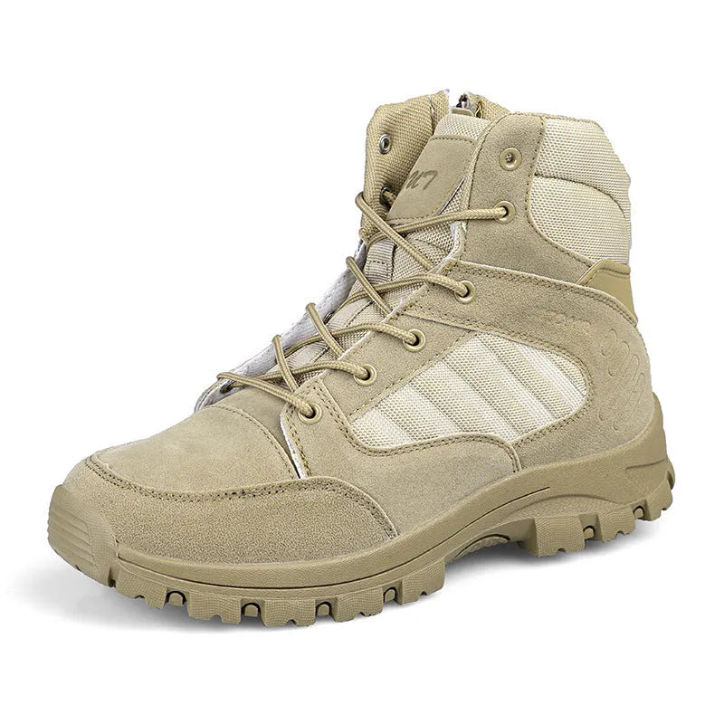 Men's black high-top hiking shoe with metal detail on a rugged outdoor surface