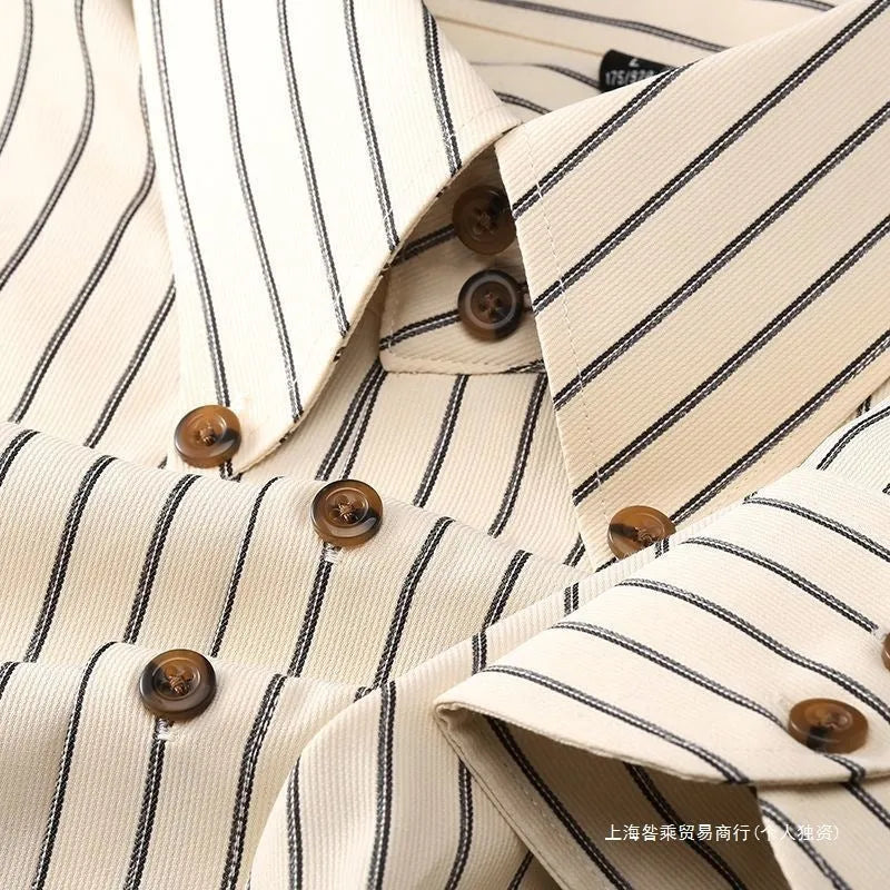 Coffee coloured striped men's long-sleeved business shirt with slim fit on a plus-size model