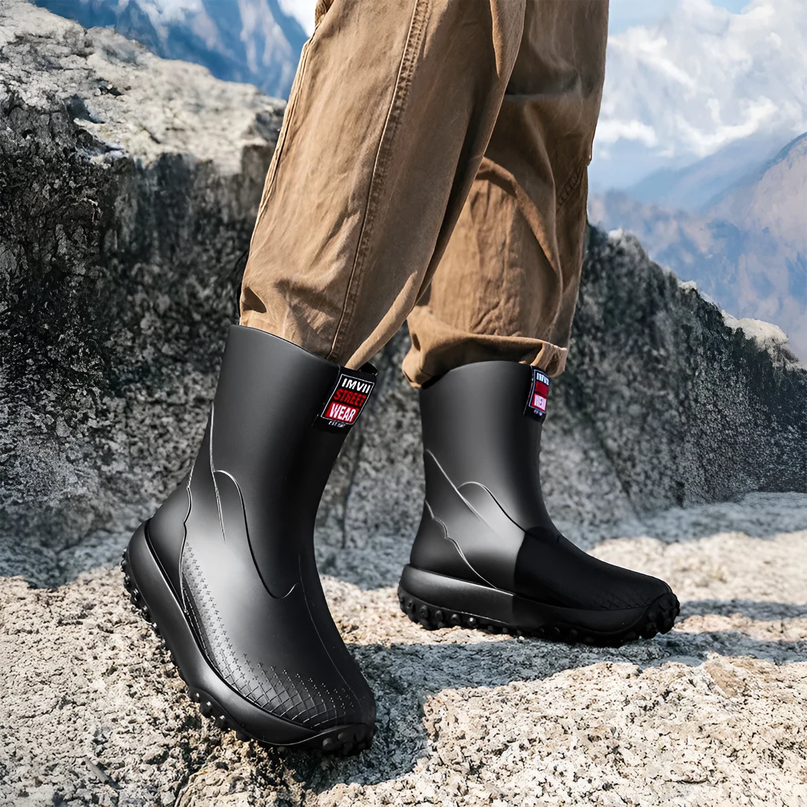 Men's PVC rain boots in four colours with waterproof upper and non-slip plastic sole