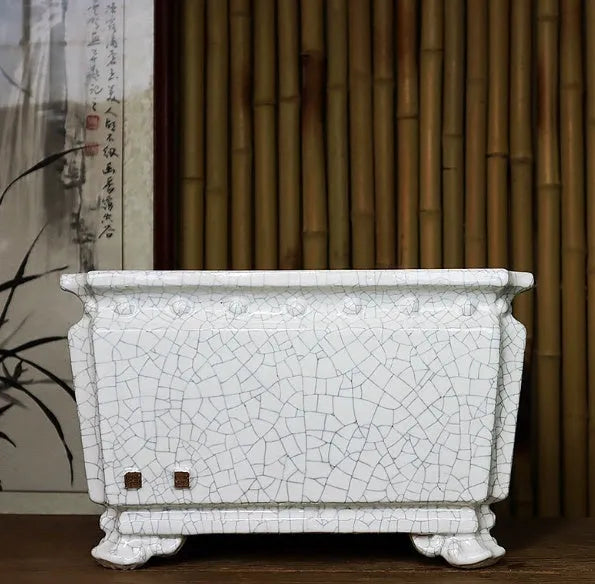 Handmade ceramic flower pot with crackle glaze surface in white colour, large diameter Chinese style planter