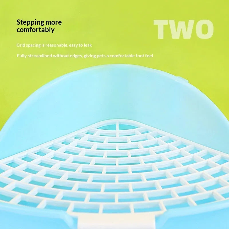 Triangular plastic pet toilet for rabbits, shown as a corner potty in blue, pink, white or yellow