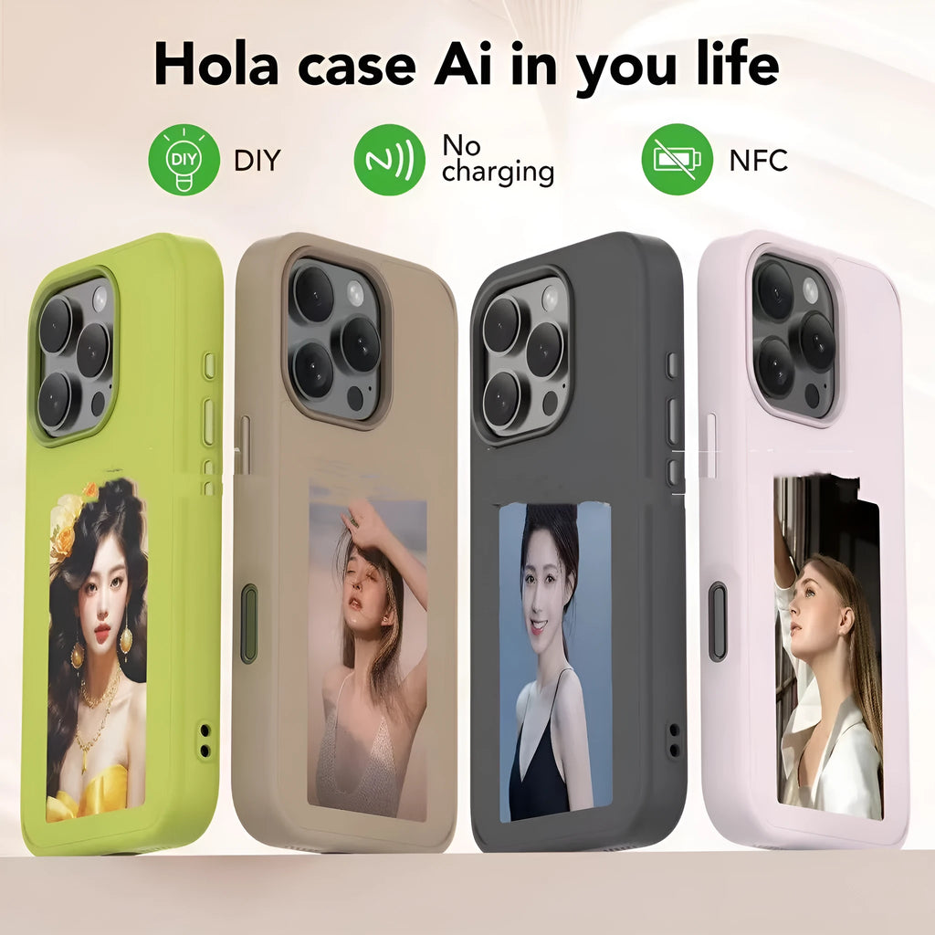 Four-colour e-ink projection phone case for iPhone in white, pink, black, or gray, TPU material, DIY customisable back cover.