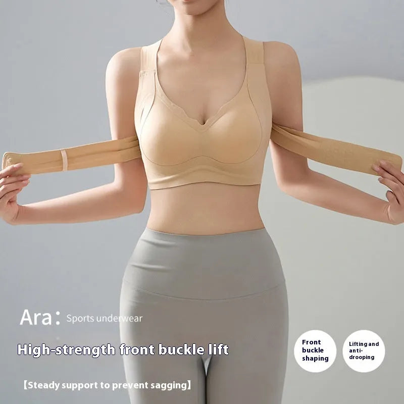 Women's cross-front yoga bra with buckle detail, moulded cups and back shaping design in three colour options
