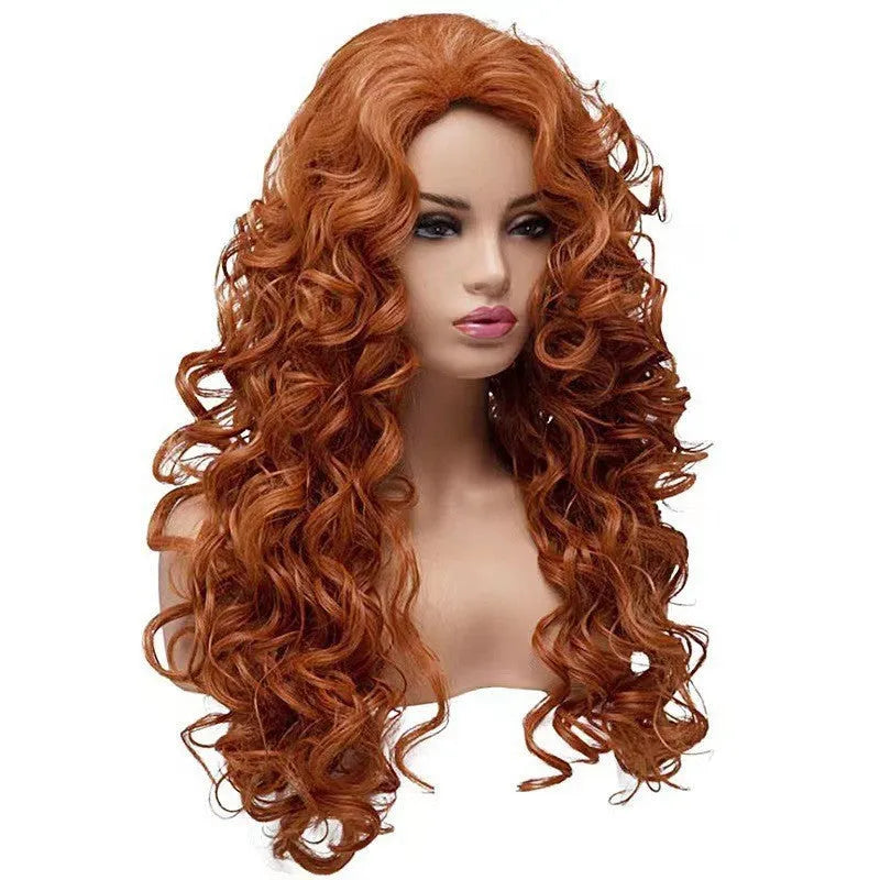 Brown long curly wavy synthetic wig for women's Halloween and cosplay costumes