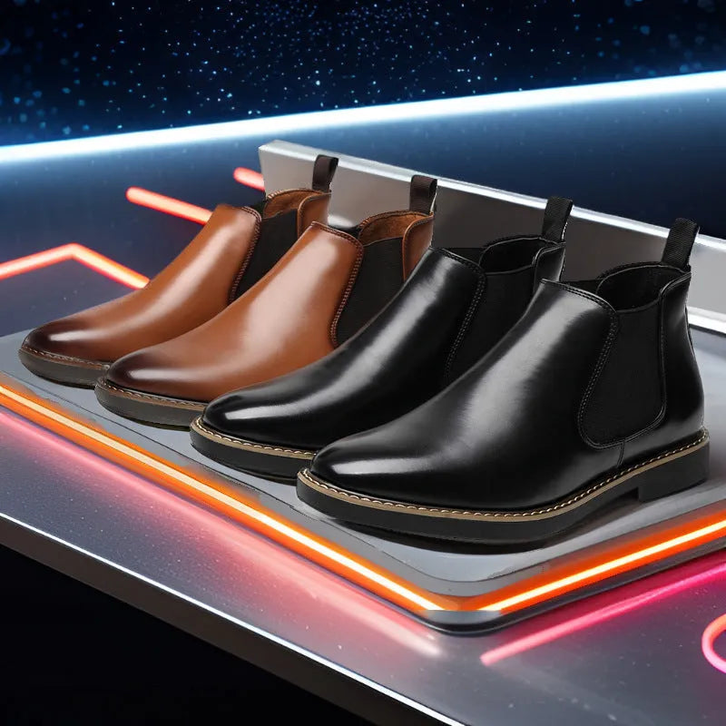 Men's black and yellow plus-size British-style calf-length leather boots with flat square heel