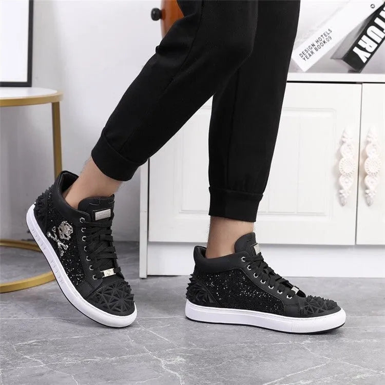 Men's black genuine leather high top skeleton shoes with lace-up front on a white background