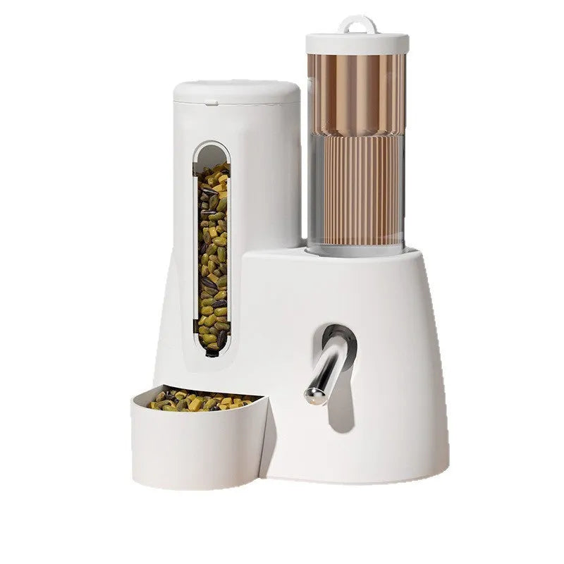 White hamster automatic drinking bottle feeder with integrated blue food bowl for small pet cage.
