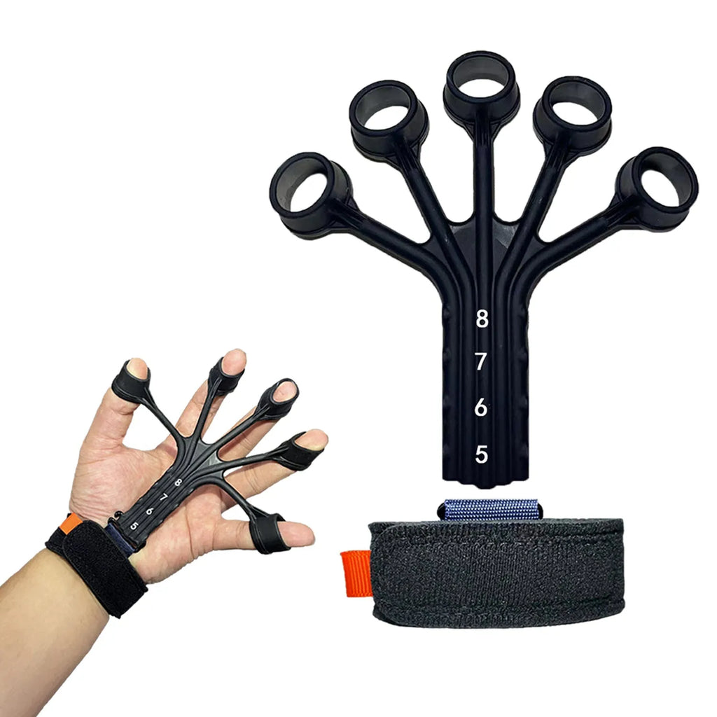 HLX silicone finger rehabilitation trainer with adjustable tension belt, shown in grey colour.