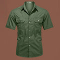 Men's short sleeve cotton work shirt in a loose cardigan style, shown in army green.