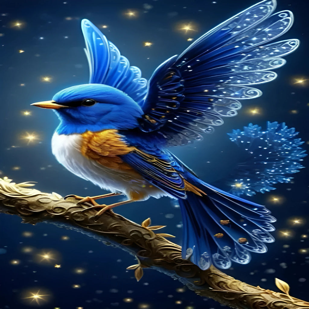 Handmade blue bird diamond painting artwork measuring 60x100cm with rhinestone details
