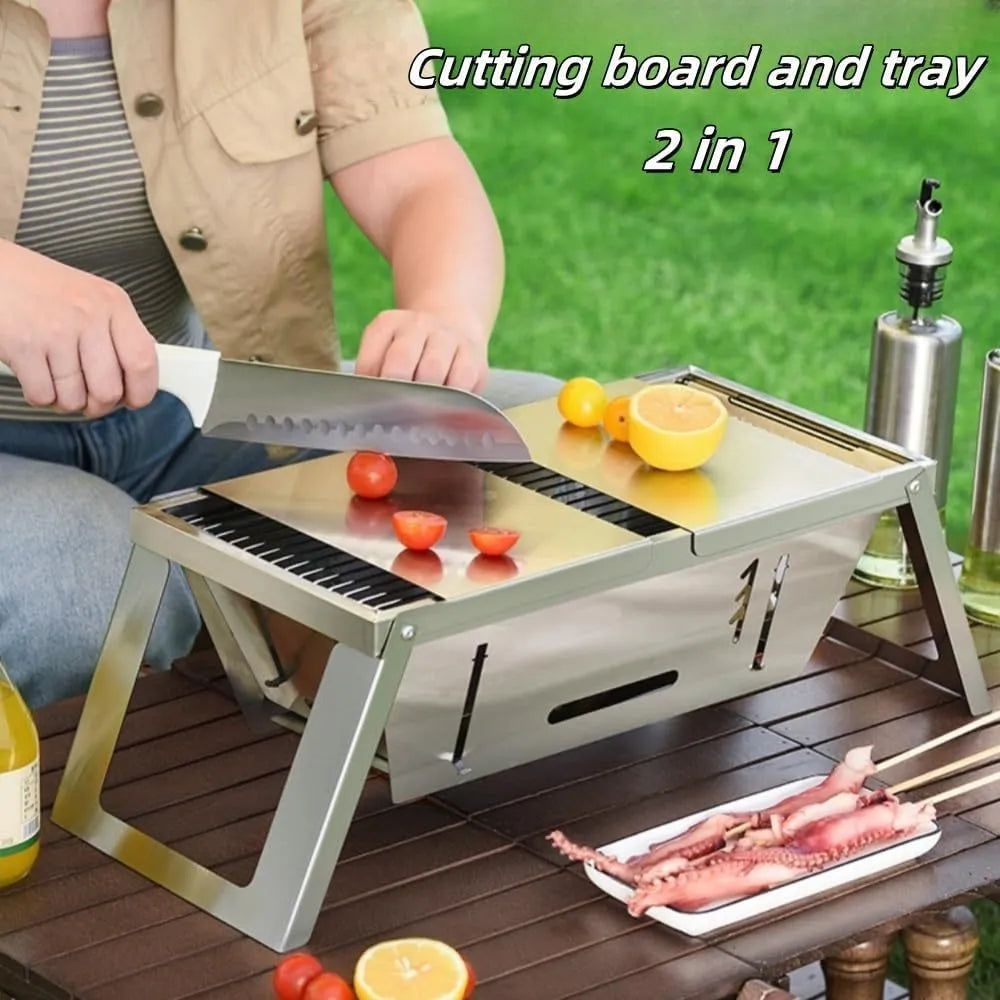 Small portable charcoal barbecue with foldable legs in a compact, folded position