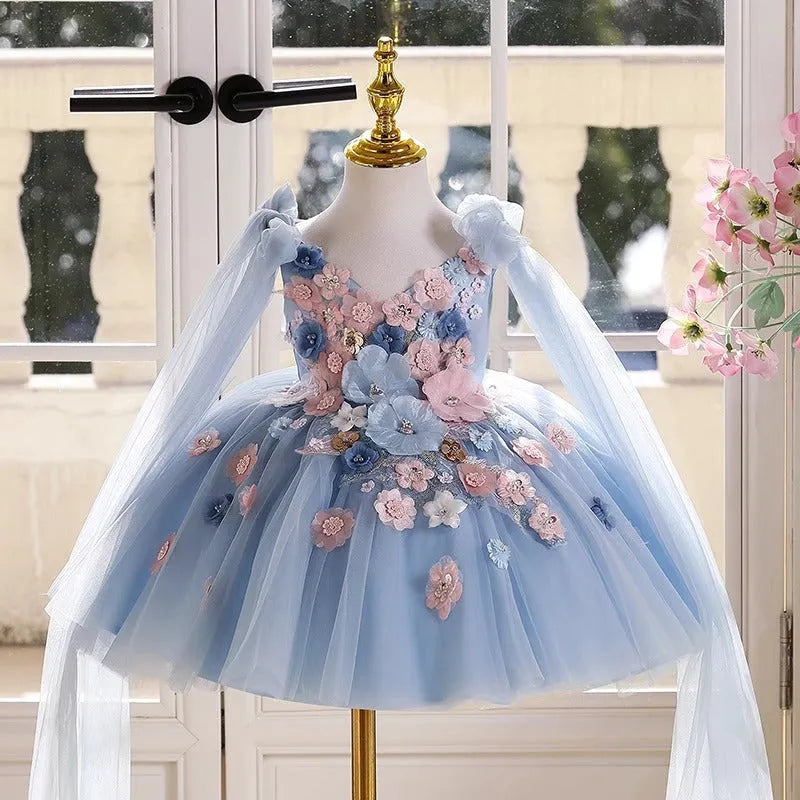 Sky blue girls princess dress for piano performance and hosting, polyester lined, 80cm to 150cm