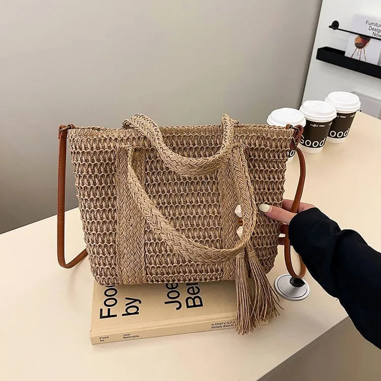 Women's soft straw crossbody bag with diagonal grass weave in milky white or khaki colour