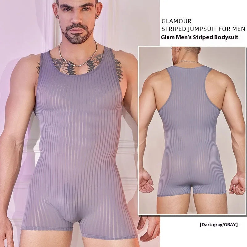 Men's striped nylon jumpsuit in free size available in black, white and dark grey