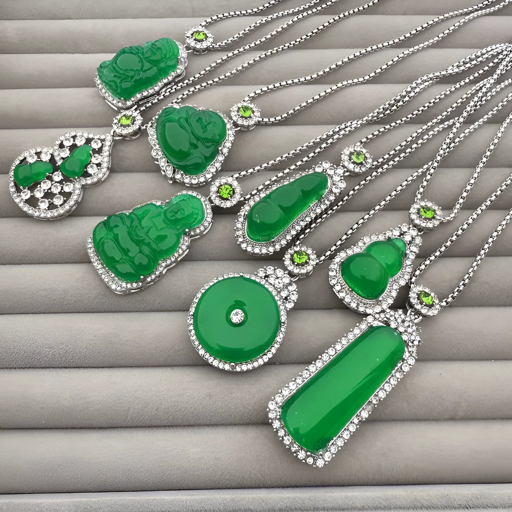 Emerald green artificial chalcedony lucky pendant necklace with stainless steel box chain on neutral background