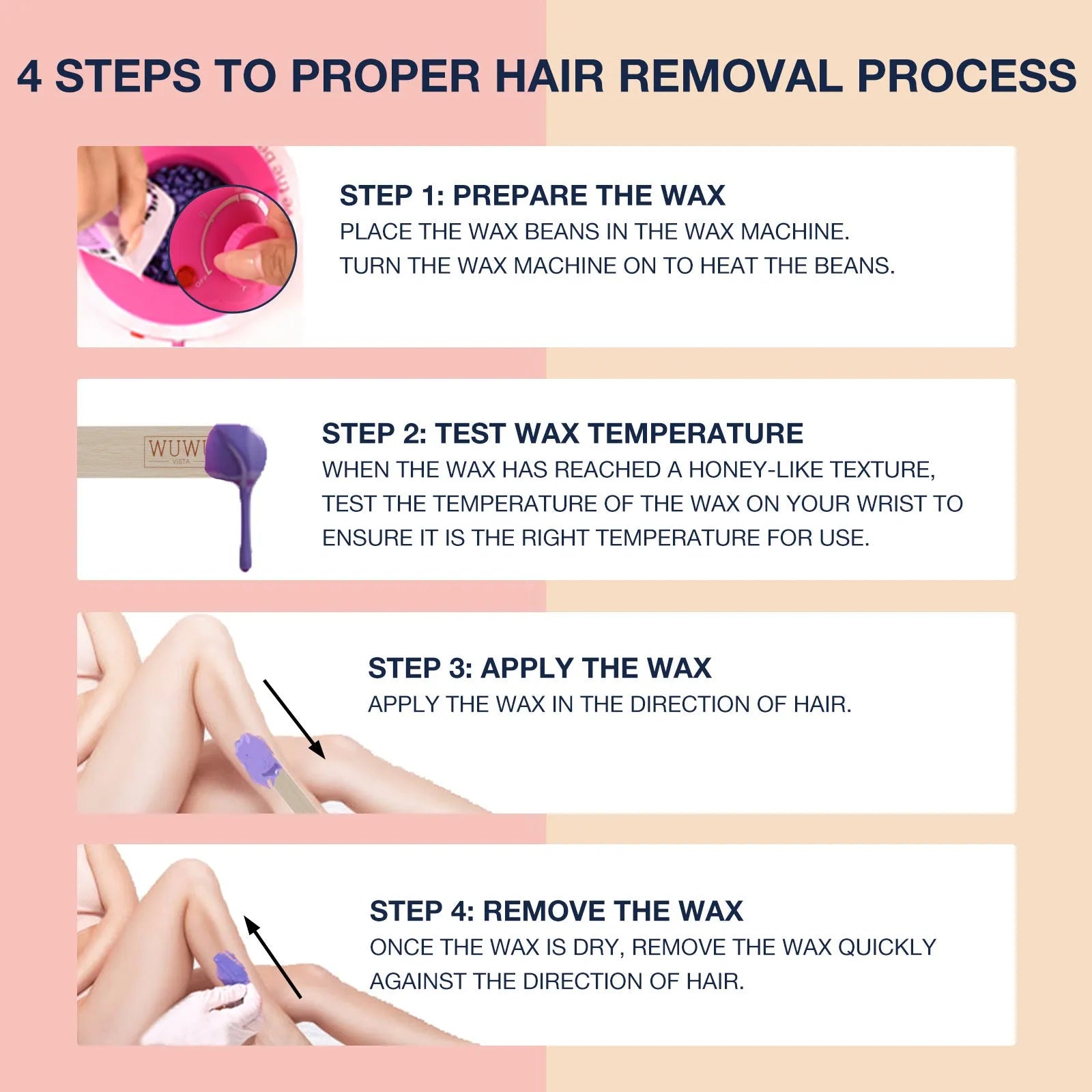 27-piece hair removal waxing kit showing electric heater, four coloured wax beads, wax sticks, and guidebook