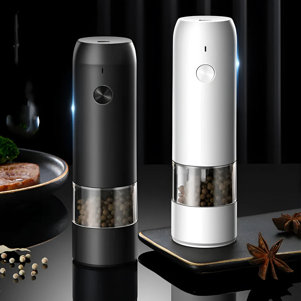 Rechargeable electric pepper and salt grinder set with clear acrylic body and LED light.