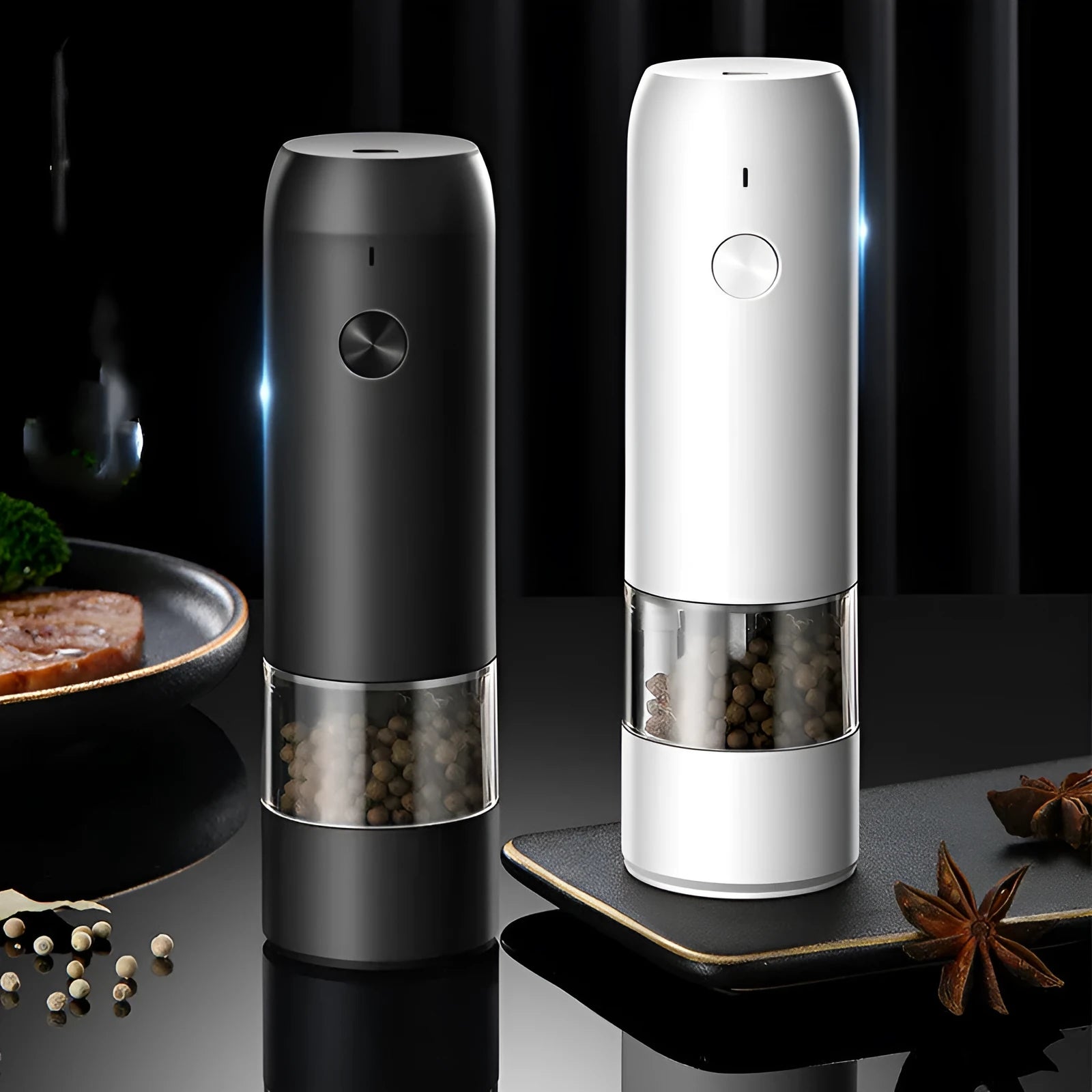 Rechargeable electric pepper and salt grinder set with clear acrylic body and LED light.