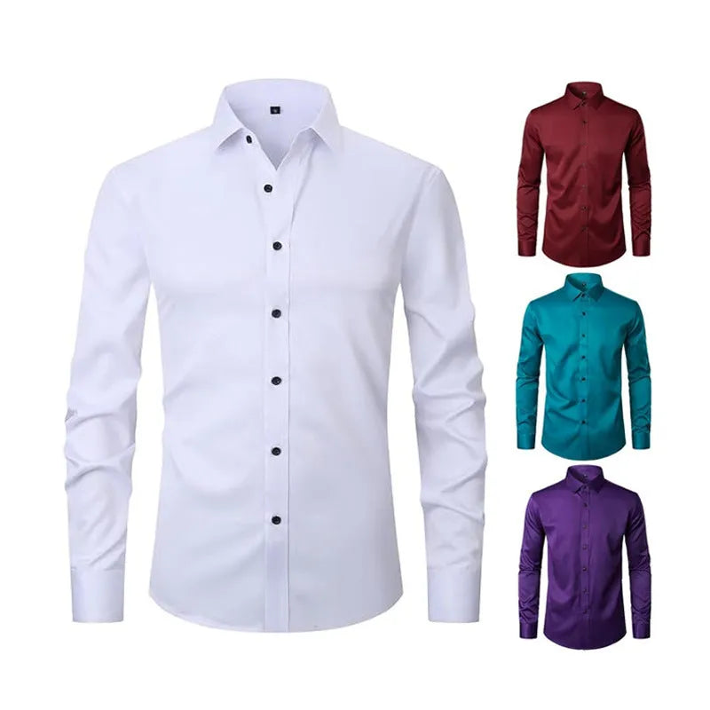 Men's solid colour stretch long sleeve work shirt made from polyester fabric on a hanger.