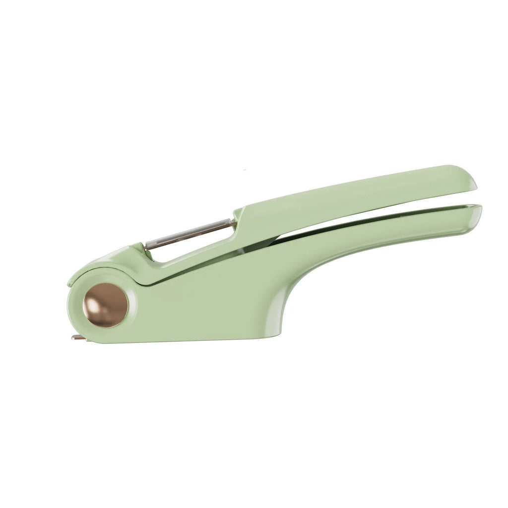 Manual garlic press in white colour with ABS plastic body and stainless steel mechanism