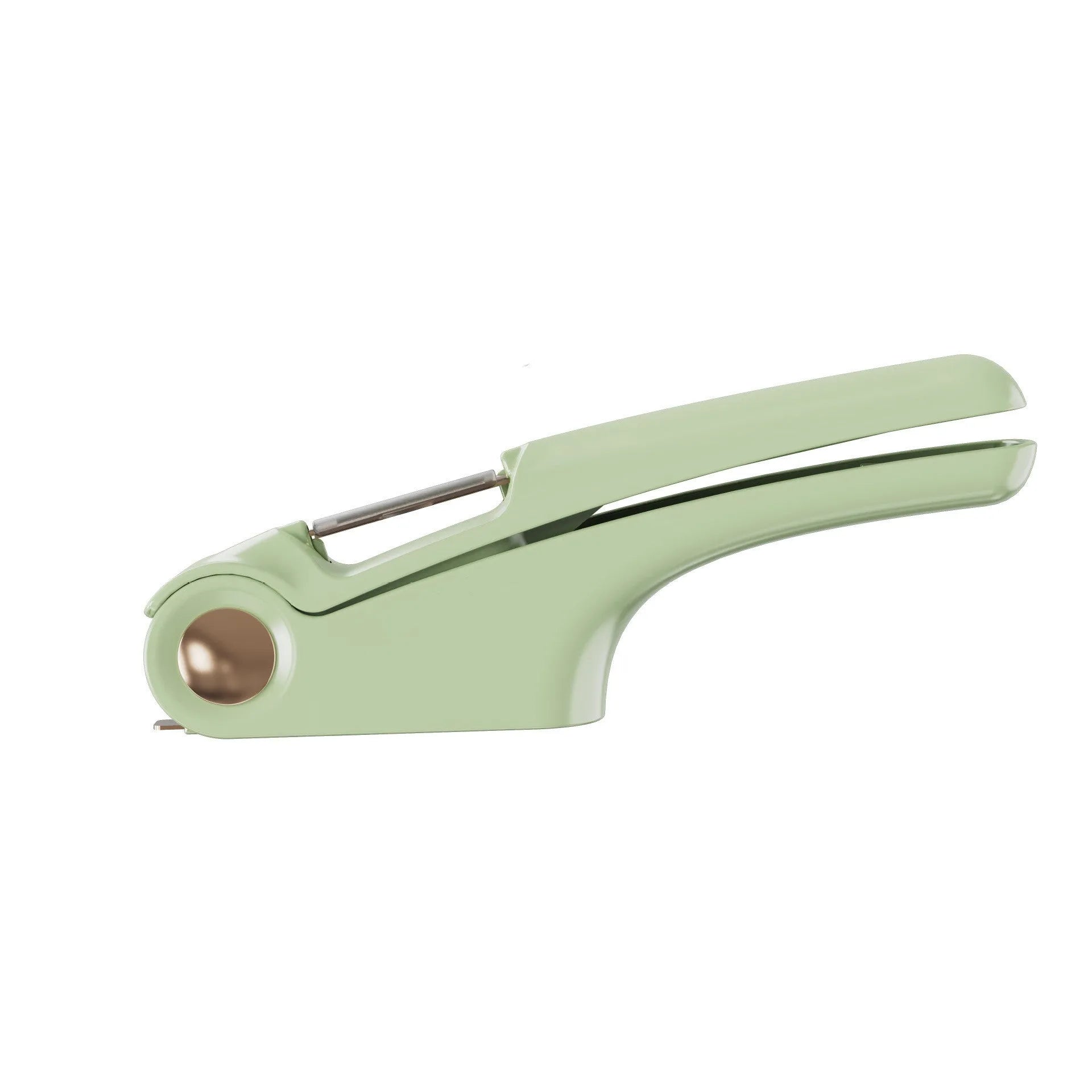 Manual garlic press in white colour with ABS plastic body and stainless steel mechanism