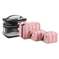 Pink bold stripes floral pattern waterproof synthetic leather foldable makeup bag with nylon lining