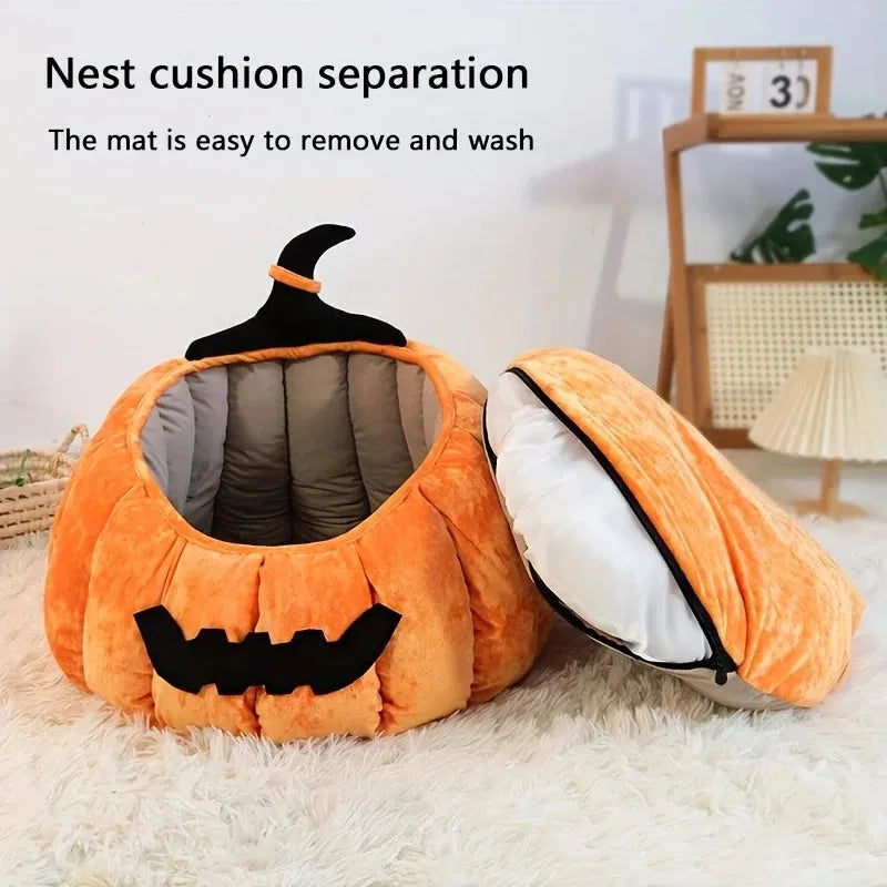 Orange Halloween pumpkin-shaped soft plush cat bed with a cartoon devil face design.