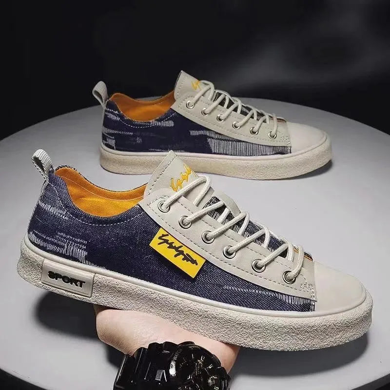Men's round-toe canvas casual shoes in dark blue with lace-up front and rubber sole