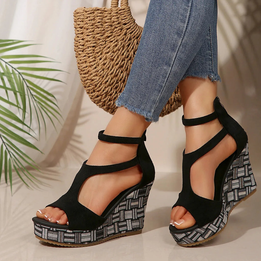 Women's thick-soled slope sandals with ankle-strap buckle in cloth upper and hemp-soled rubber construction