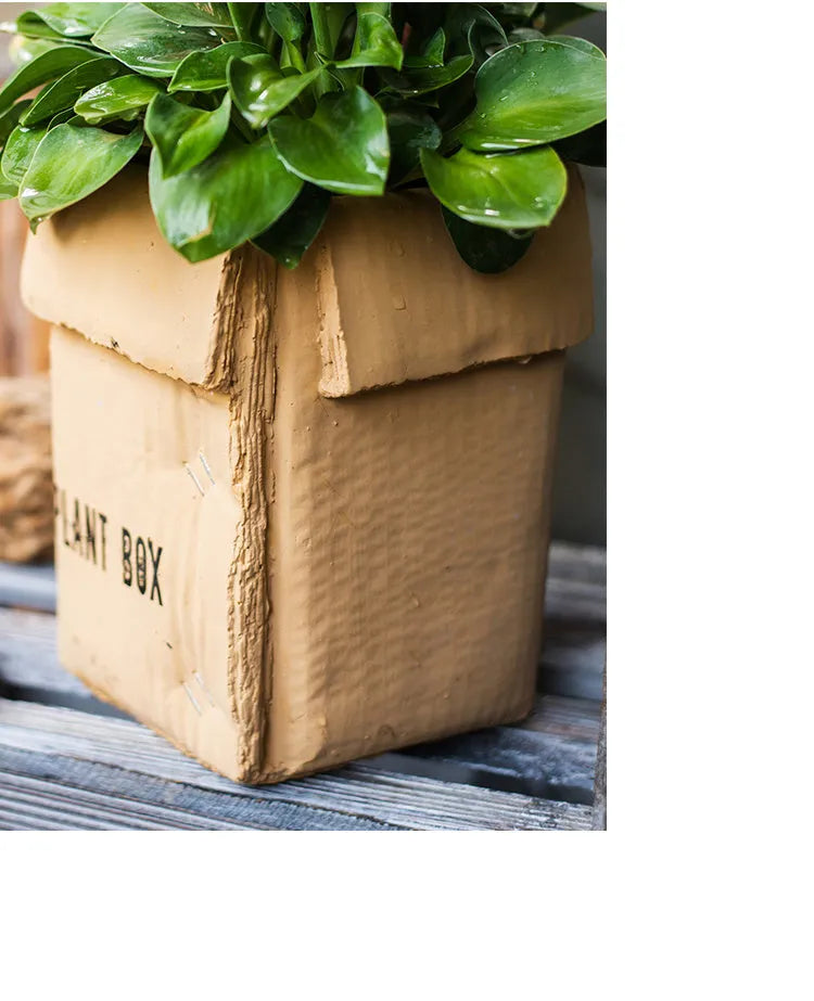 Cement flowerpot with bottom drainage holes in Nordic brown paper box design