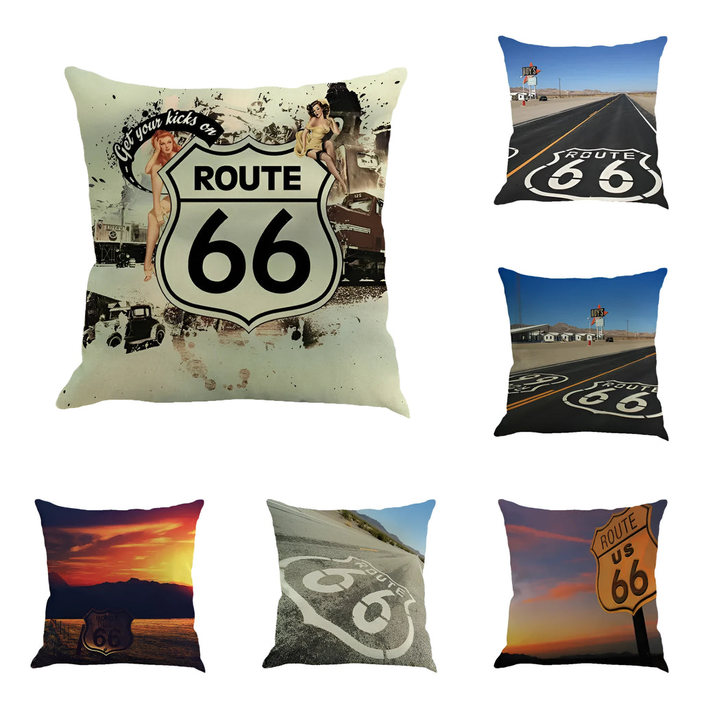 Route 66 landscape pattern linen cushion cover in 45x45cm size