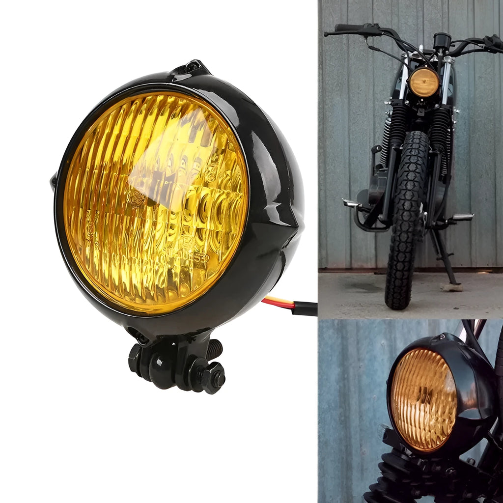 A single black electroplated Harley halogen headlight with an 8 cm diameter lens.