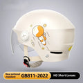 Khaki coloured electric motorcycle half helmet with a long clear visor on a grey background.