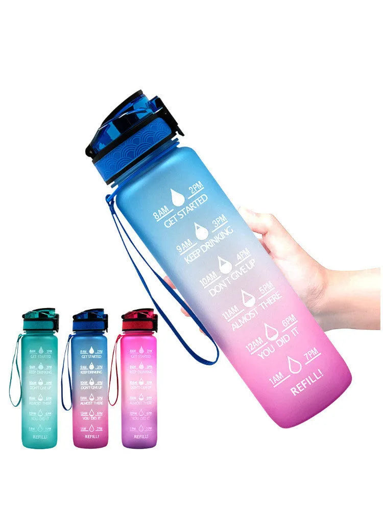 Clear 1000ml sports water bottle with infuser lid on a plain background.