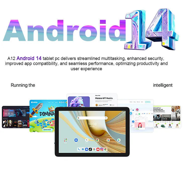 10-inch Android tablet in bare metal blue with screen displaying interface, includes accessories
