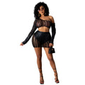 Women's black hollow-out two-piece dress set with sleeveless top and short skirt.