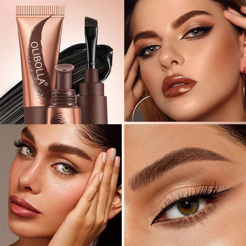 Waterproof eyebrow gel cream pencil in Espresso 01, Taupe 02, Auburn 03, and Chocolate 04 for universal skin types