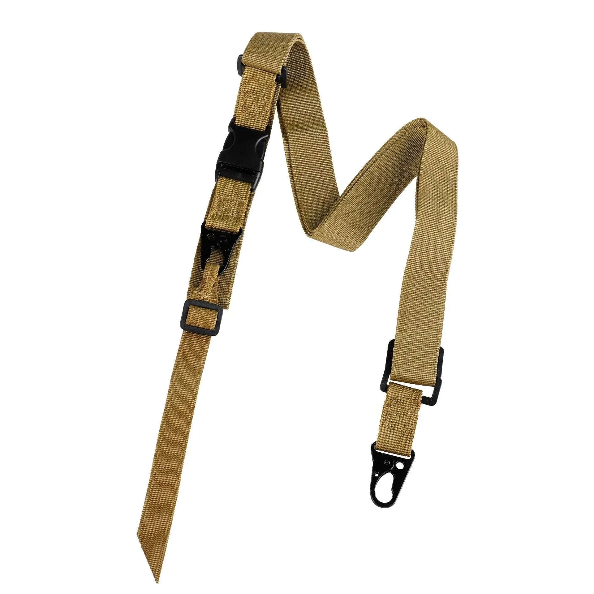 Army green woven nylon crossbody sling strap with alloy buckle, shown at 148 cm length.
