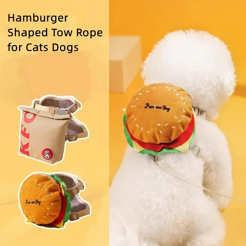 Cartoon hamburger and chips design adjustable vest leash for dogs with backpack.