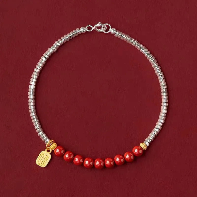 16cm silver white K couple bracelet with geometric design and round lucky beads on copper
