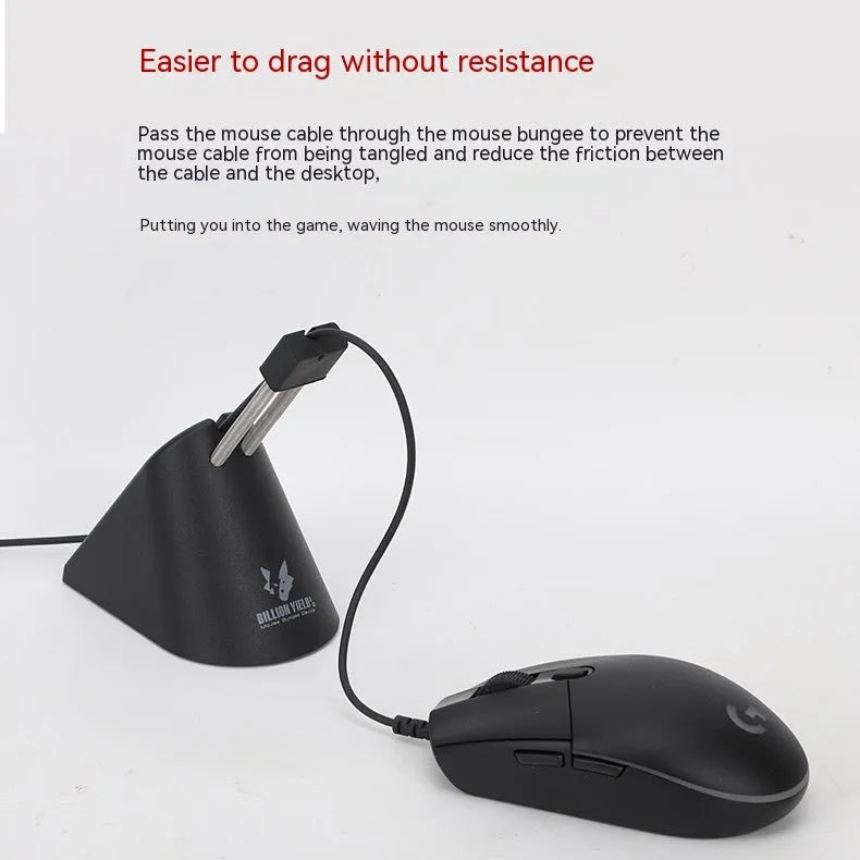 Black ABS plastic cable bracket holding a wired mouse cord on a desk