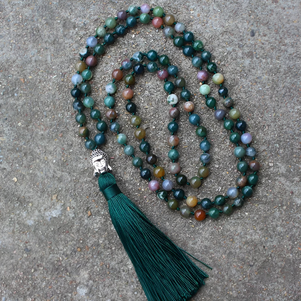 India agate beads necklace with 108 geometric 6mm beads for blessing and meditation use