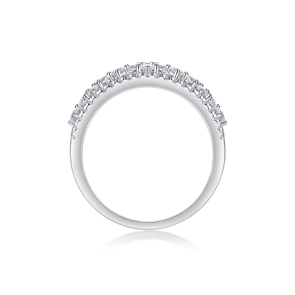 Moissanite wedding ring set on white background, S925 silver with platinum plating, ring size 7, includes GRA certificate and gift box