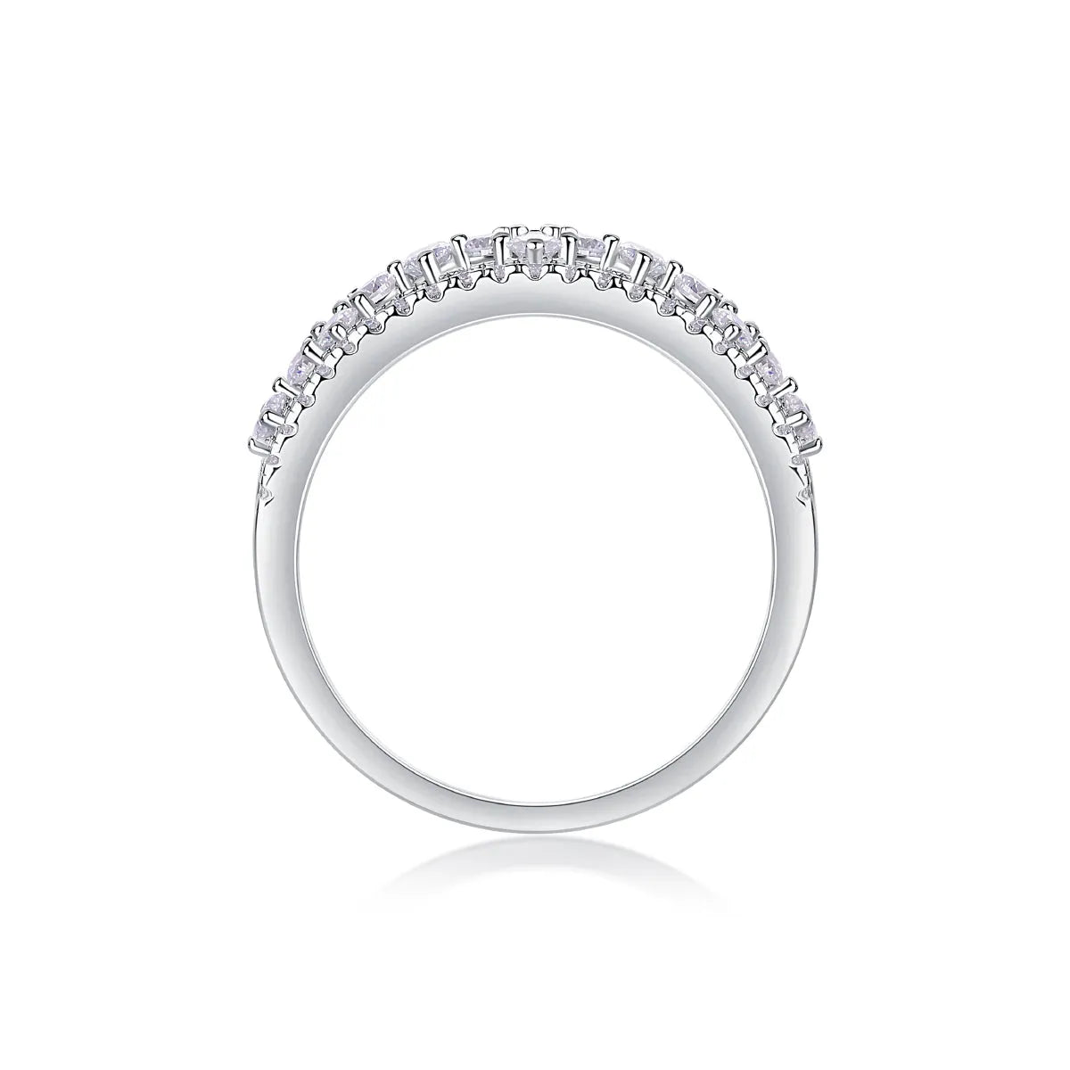 Moissanite wedding ring set on white background, S925 silver with platinum plating, ring size 7, includes GRA certificate and gift box