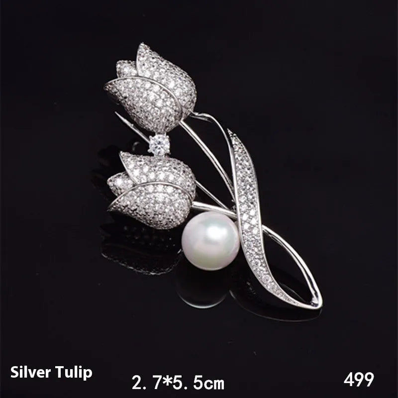 Silver tulip coloured flower brooch with micro-inlaid zircon detailing on electroplated alloy